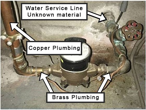 Example of a water service line connected to brass and copper plumbing. Image is courtesy of the Environmental Protection Agency.