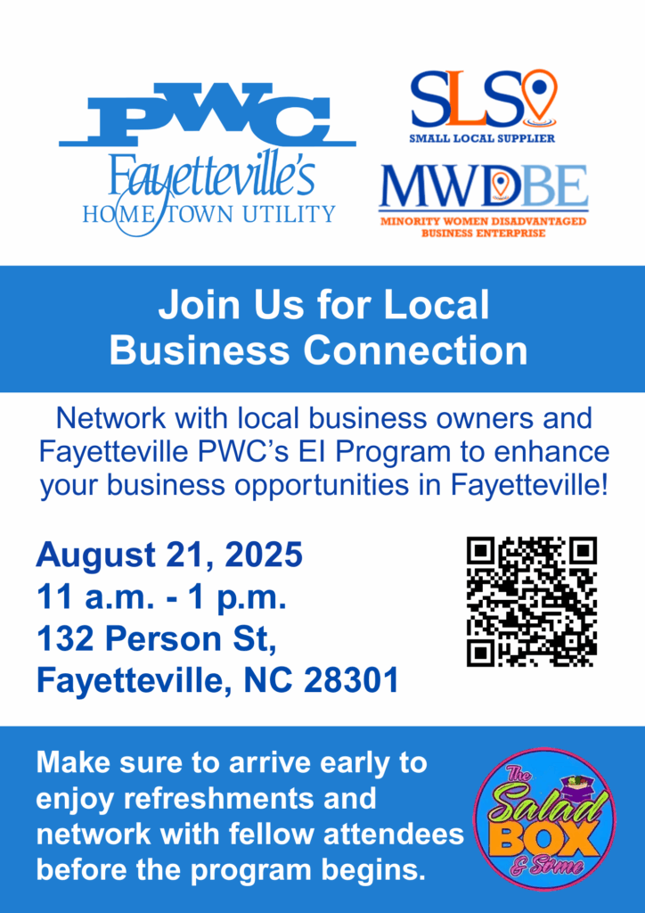 FJoin PWC for our Local Business Connection event! Network with local business owners and discover the PWC EI Program, designed to enhance your business opportunities in Fayetteville. Date: August 21, 2025 Time: 11 AM to 1 PM Location: Salad Box & More, 132 Person Street, Fayetteville, NC We hope to see you there!