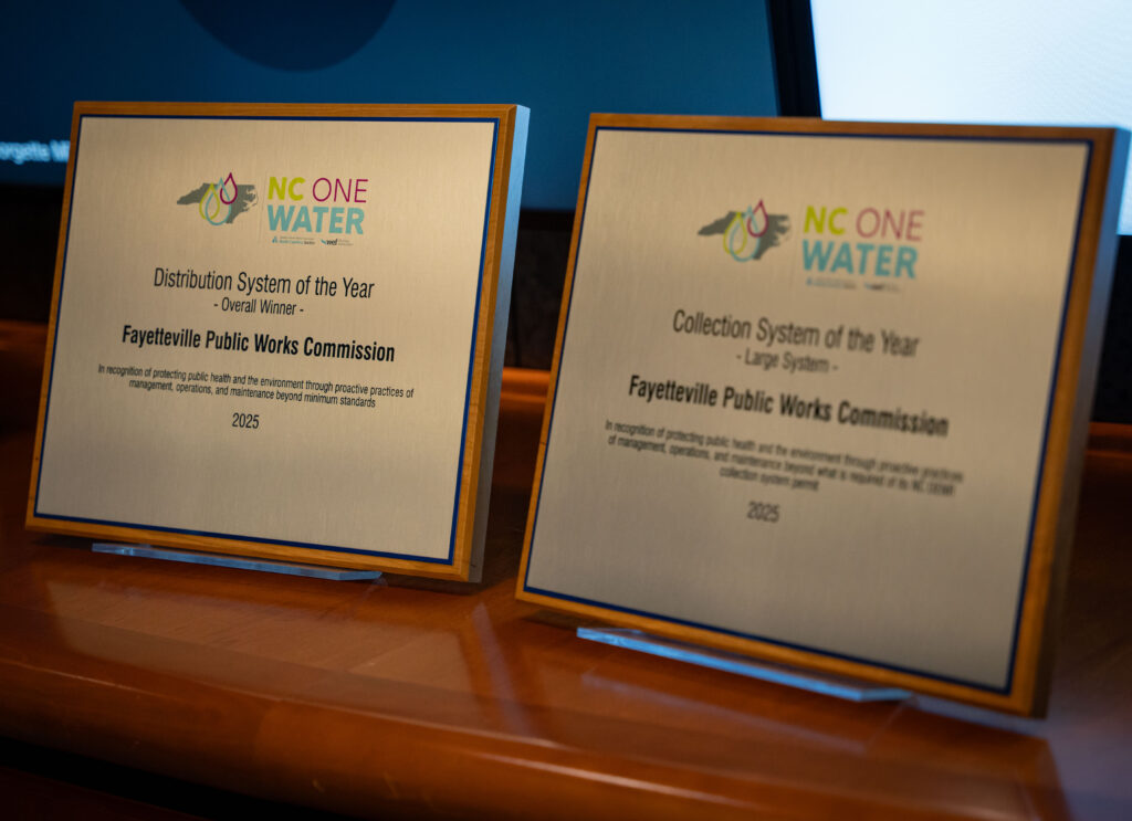 The two awards from NC One Water awarded to PWC in 2025 on display during the Commission Meeting on December 10h.  